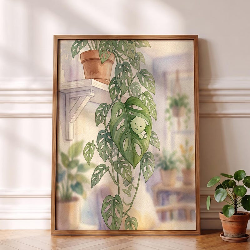 Smiski Inspired Poster, Monstera Leaf Botanical Room Decor