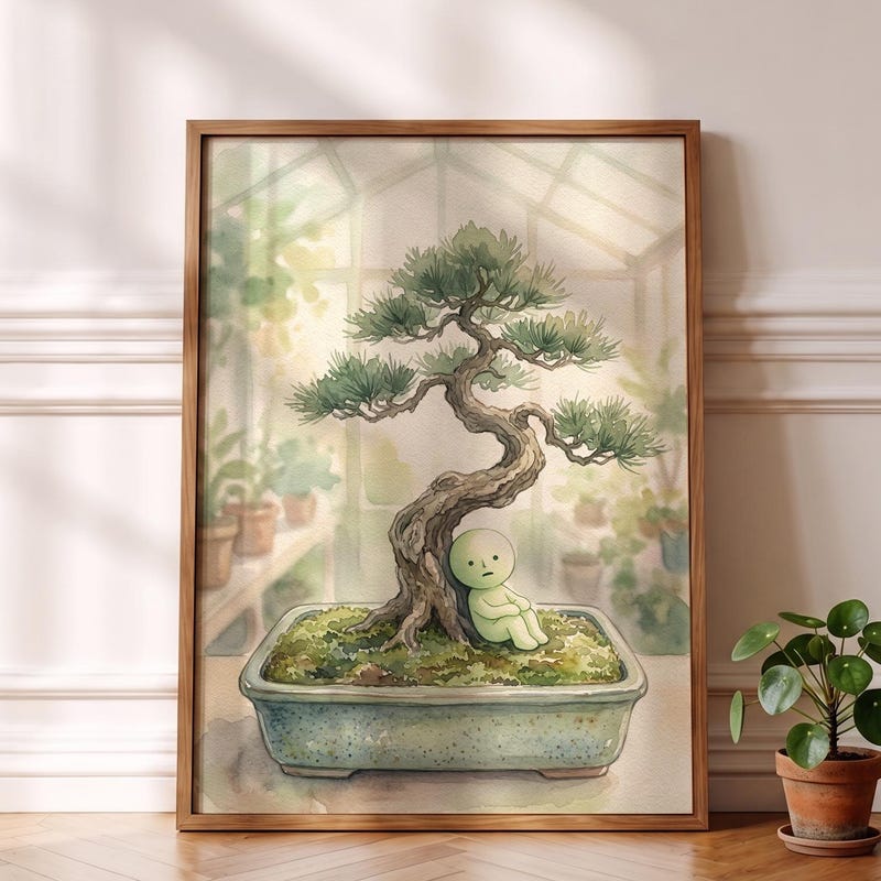 Smiski Inspired Poster, Miniature Bonsai Tree Watercolor Art