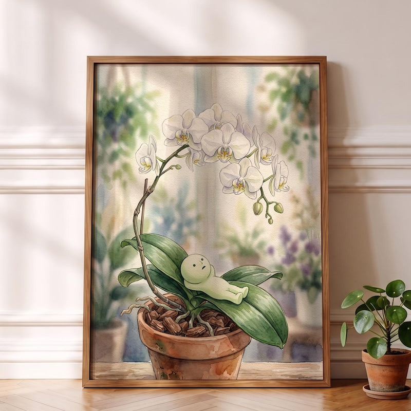 Smiski Inspired Poster, Elegant White Orchid Watercolor Print