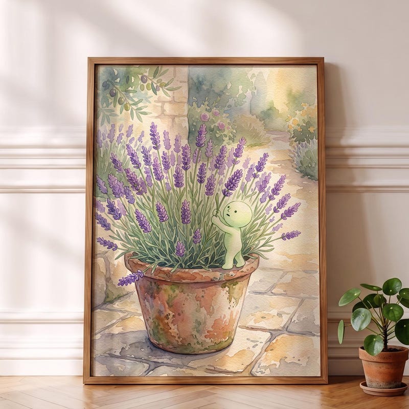 Smiski Inspired Poster, Purple Lavender Pot Watercolor Decor