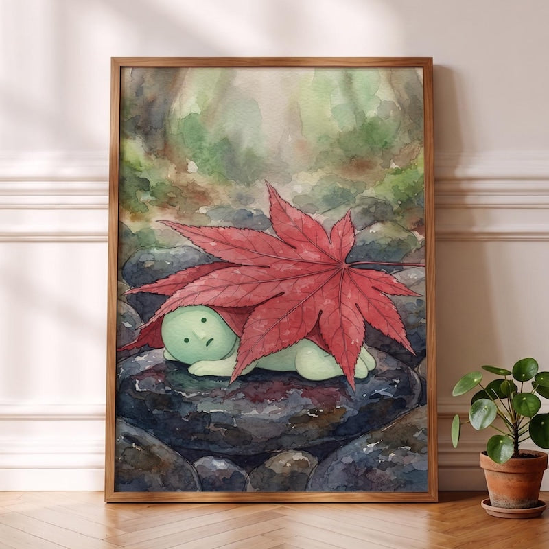 Maple Leaf Smiski Inspired Poster, Kawaii Style