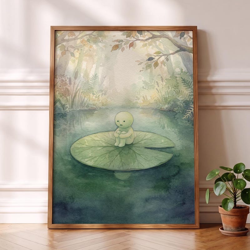 Lily Pad Smiski Inspired Poster, Cozy Ghibli Art