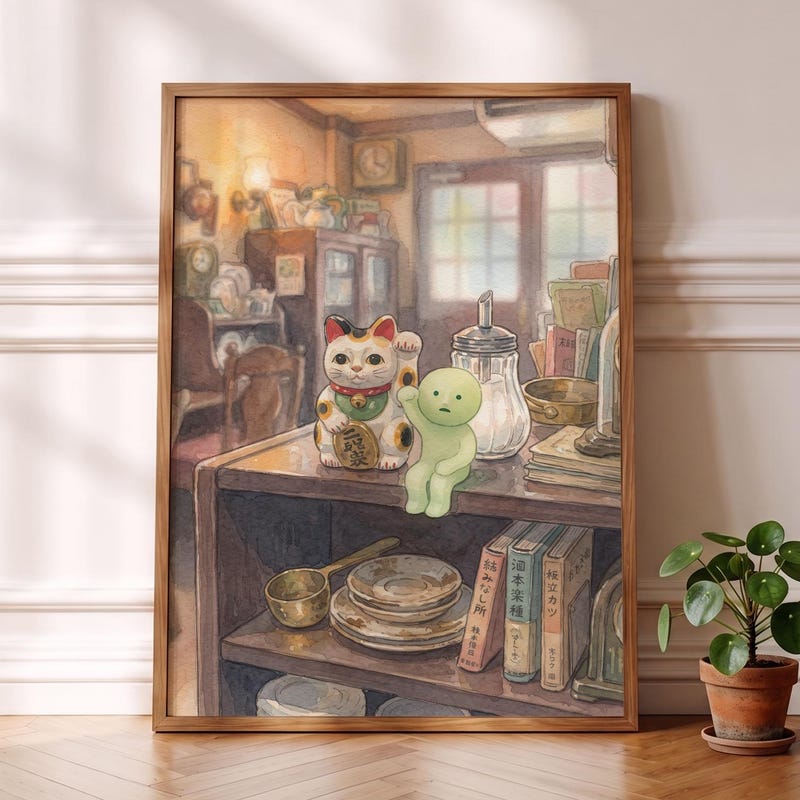 Maneki-Neko Smiski Inspired Poster, Kawaii Art