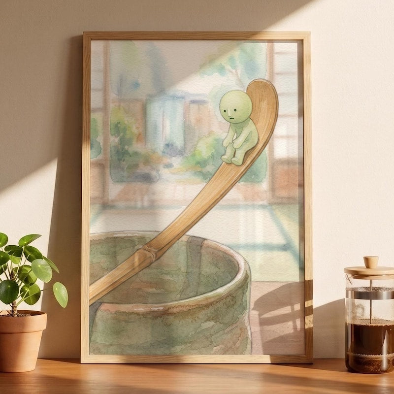 Smiski Inspired Bamboo Scoop Poster, Kawaii Room Wall Art