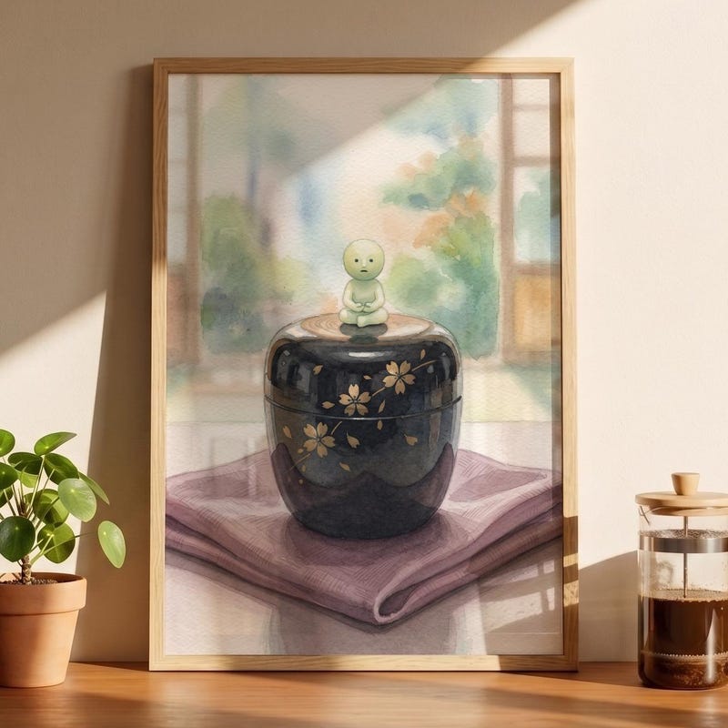 Smiski Inspired Tea Caddy Poster, Kawaii Room Wall Art