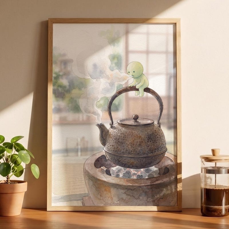 Smiski Inspired Iron Kettle Poster, Kawaii Room Wall Art