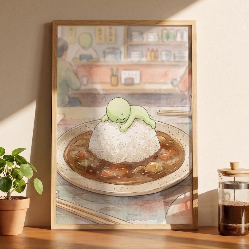 Smiski Inspired Curry Rice Poster, Kawaii Room Wall Art