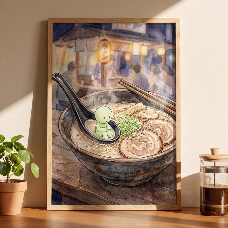Smiski Inspired Ramen Spoon Poster, Kawaii Room Wall Art