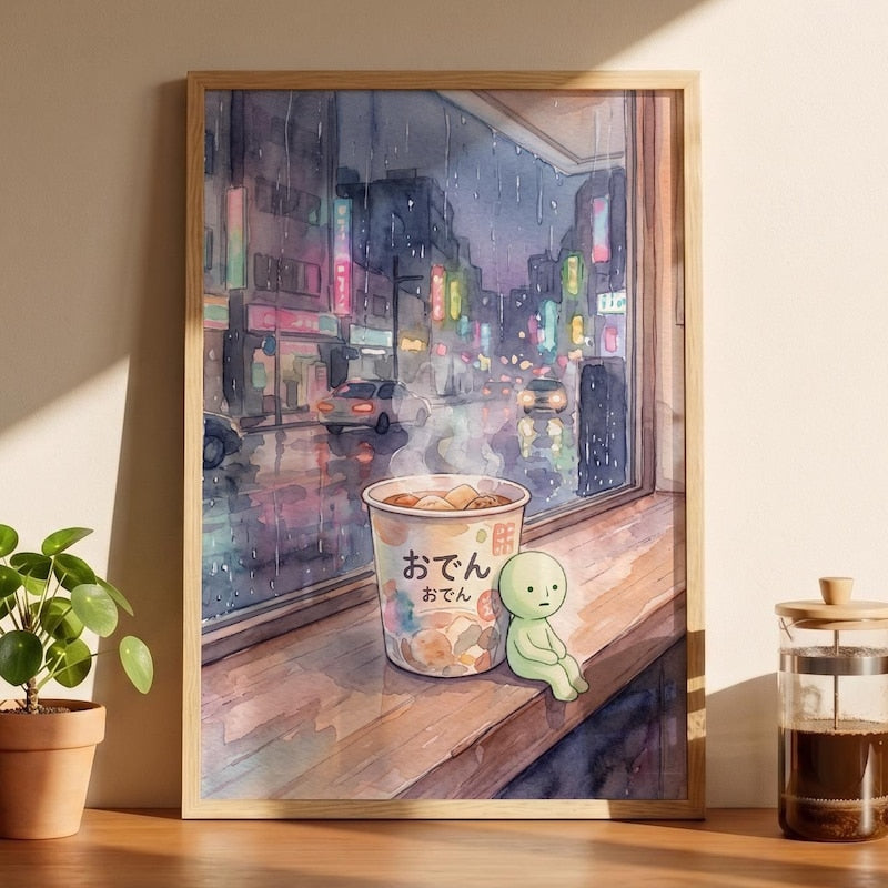 Smiski Inspired Rainy Window Poster, Kawaii Room Wall Art