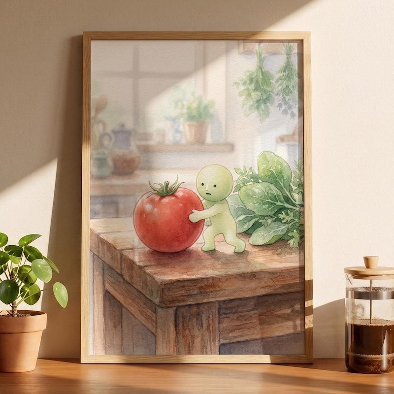 Smiski Inspired Cherry Tomato Poster, Kawaii Room Wall Art