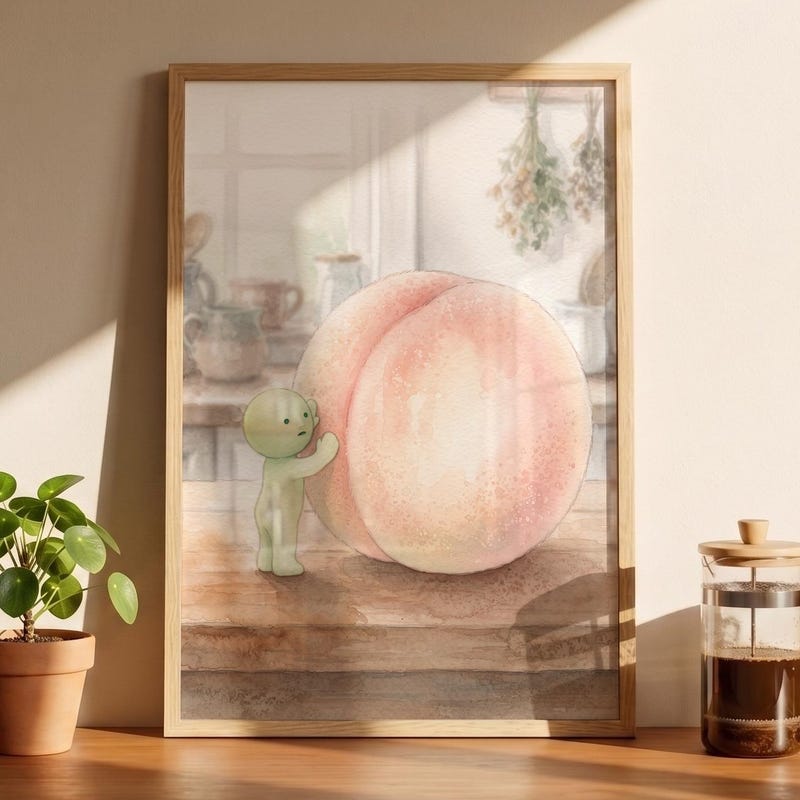 Smiski Inspired Fuzzy Peach Poster, Kawaii Room Wall Art