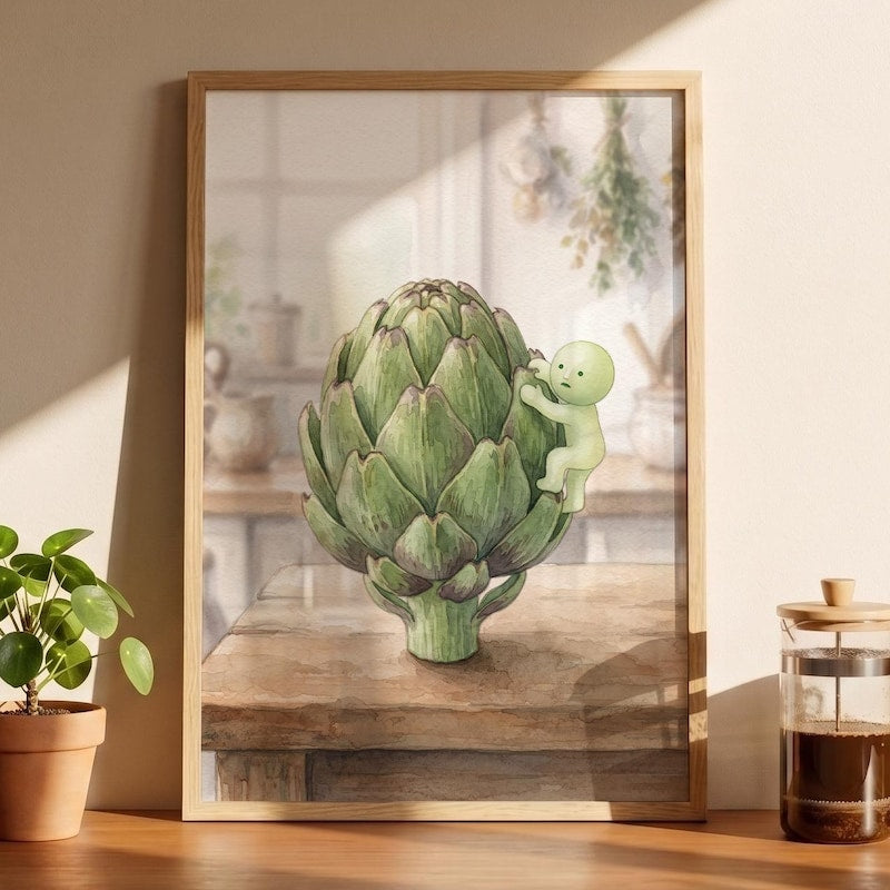 Smiski Inspired Globe Artichoke Poster, Kawaii Room Art