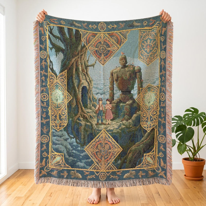 Castle in the Sky Inspired Woven Blanket, Laputa Ruins Room Accent