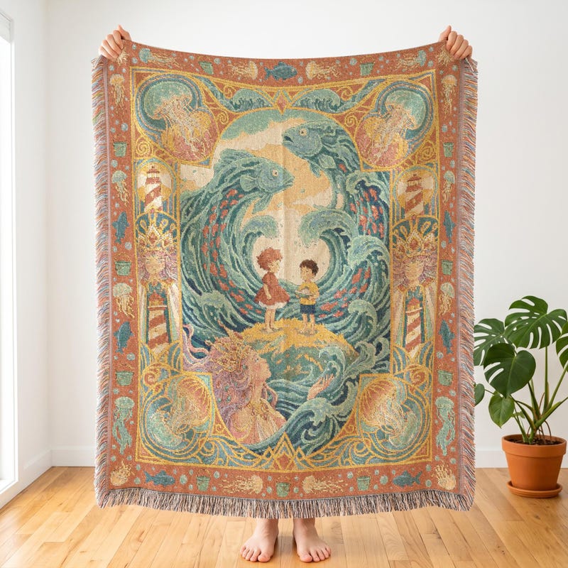 Ponyo Ocean Storm Inspired Woven Throw, Whimsical Aquatic Room Art