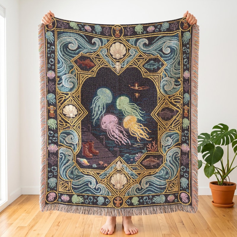 Moonlight Jellies Inspired Woven Throw, Stardew Valley Room Accent
