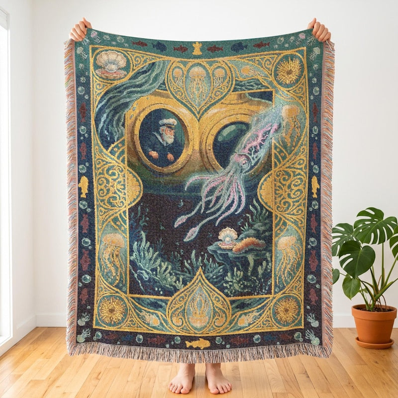 Night Market Submarine Inspired Woven Throw, Stardew Valley, Deep Sea Gaming Art