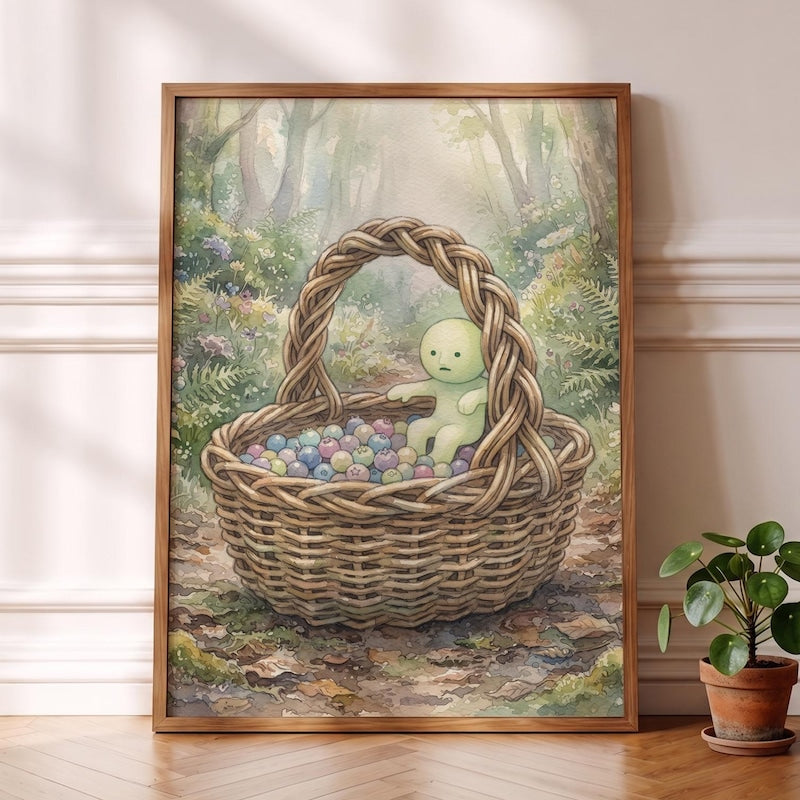 Smiski Inspired Print, Woven Foraging Basket Decor