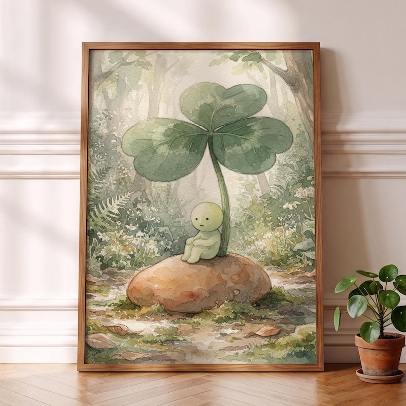 Smiski Inspired Poster, Giant Clover Leaf Canopy Art