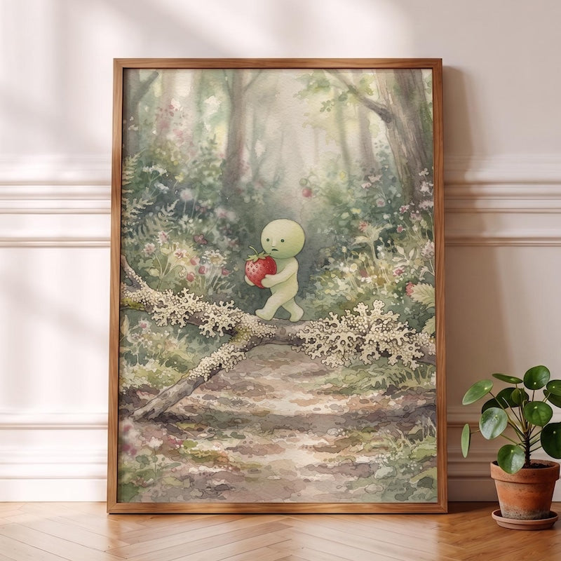 Smiski Inspired Print, Lichen Log Balance Art