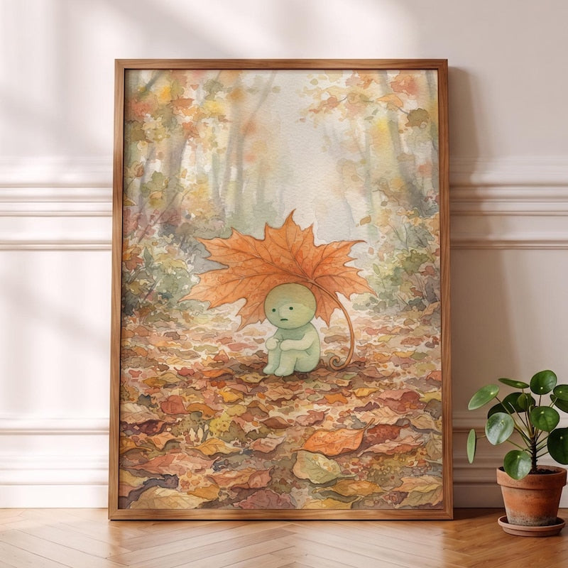Smiski Inspired Fall Art, Orange Maple Leaf Print