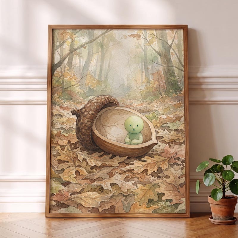 Smiski Inspired Poster, Cracked Acorn Shell Art