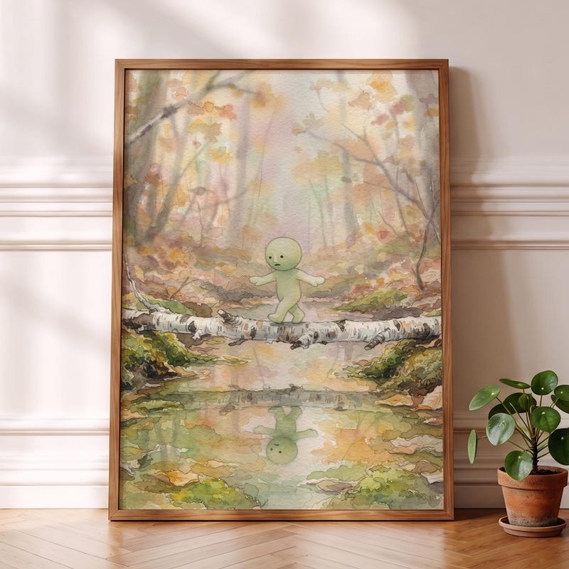 Smiski Inspired Print, Birch Twig Bridge Crossing Art