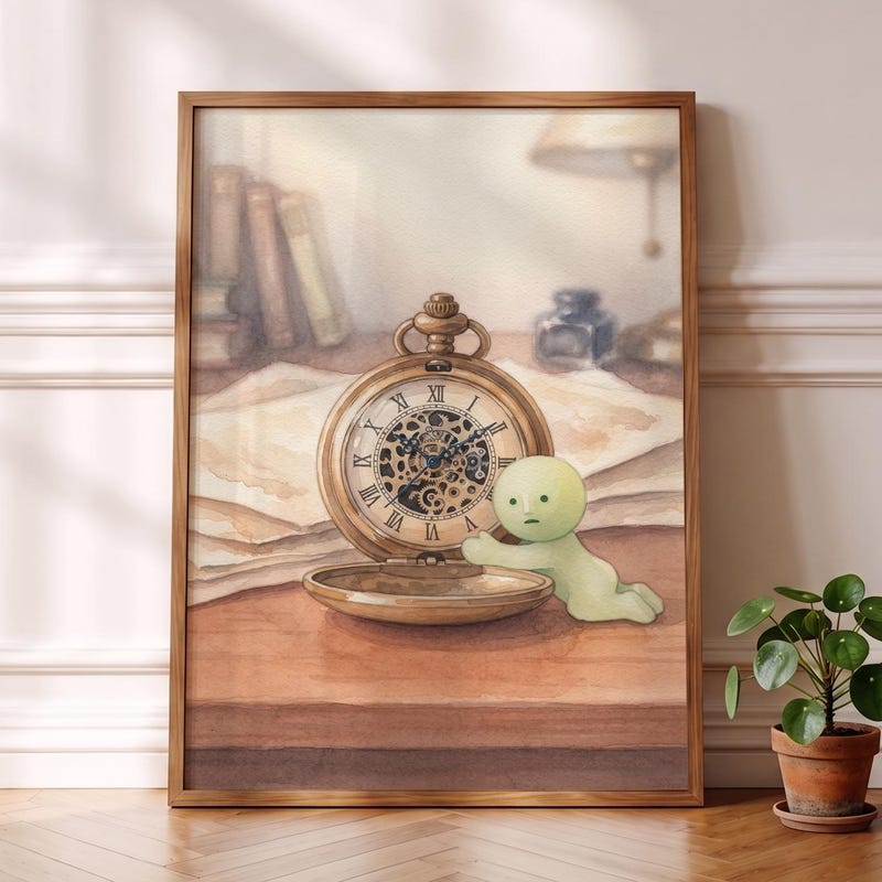 Smiski Inspired Print, Vintage Pocket Watch Hug Art