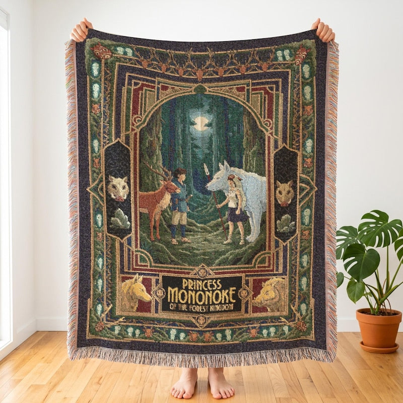 Princess Mononoke Inspired Woven Blanket, Anime Wolf Art Deco Throw