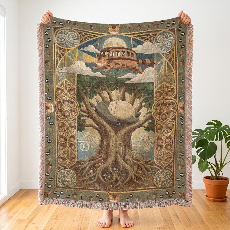 Catbus & Totoro Inspired Woven Blanket, Magical Anime Night Throw