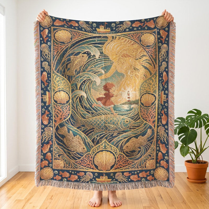 Ponyo Sea Goddess Inspired Woven Blanket, Coastal Anime Throw