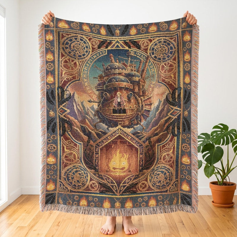Howl & Calcifer Inspired Woven Blanket, Magic Castle Anime Throw