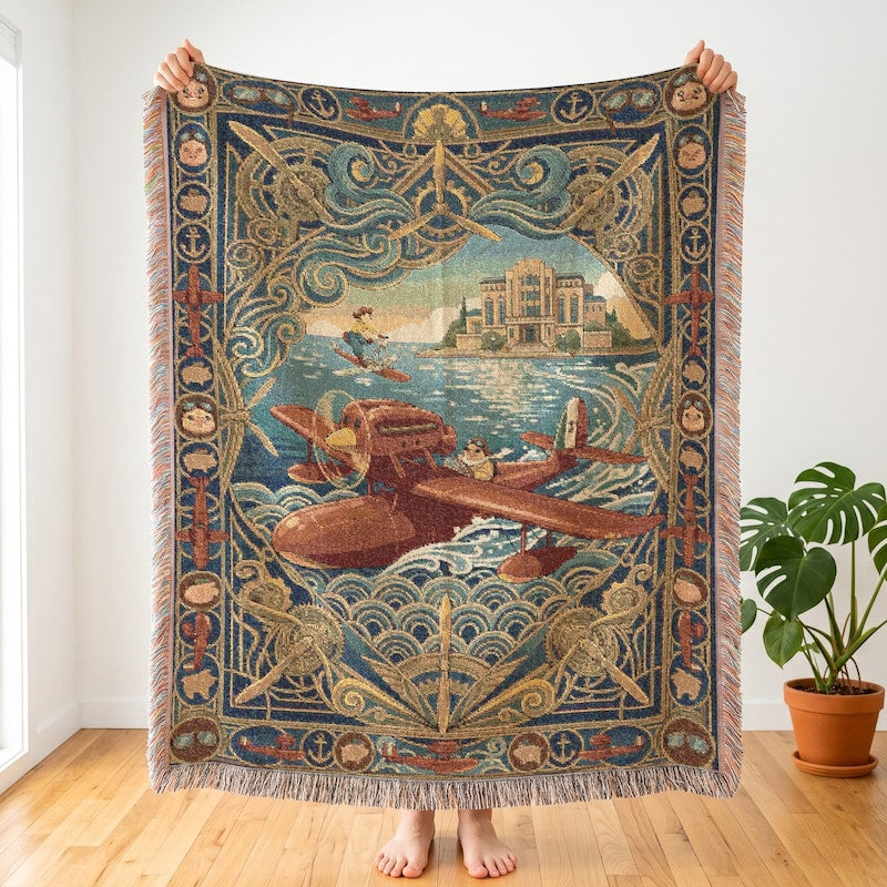 Porco Rosso Savoia S21 Inspired Woven Blanket, Vintage Anime Throw