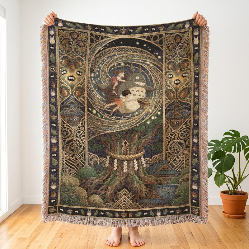 Totoro Shrine Flight Inspired Woven Blanket, Magical Anime Throw