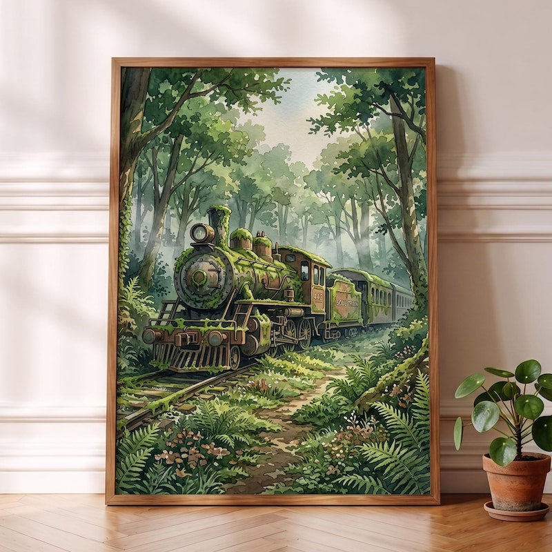 Ghibli-esque Train Poster, Cozy Anime Watercolor Forest Art Print