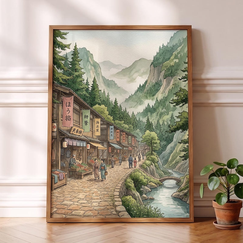 Ghibli-esque Market Poster, Nostalgic Anime Japanese Street Decor