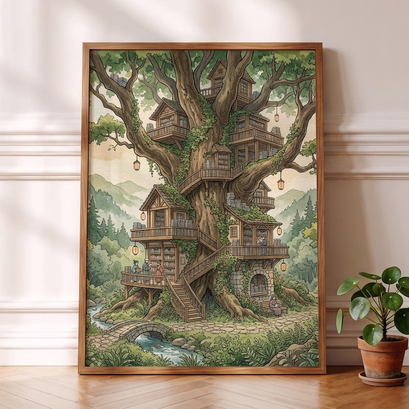 Ghibli-esque Library Print, Whimsical Anime Treehouse Wall Decor