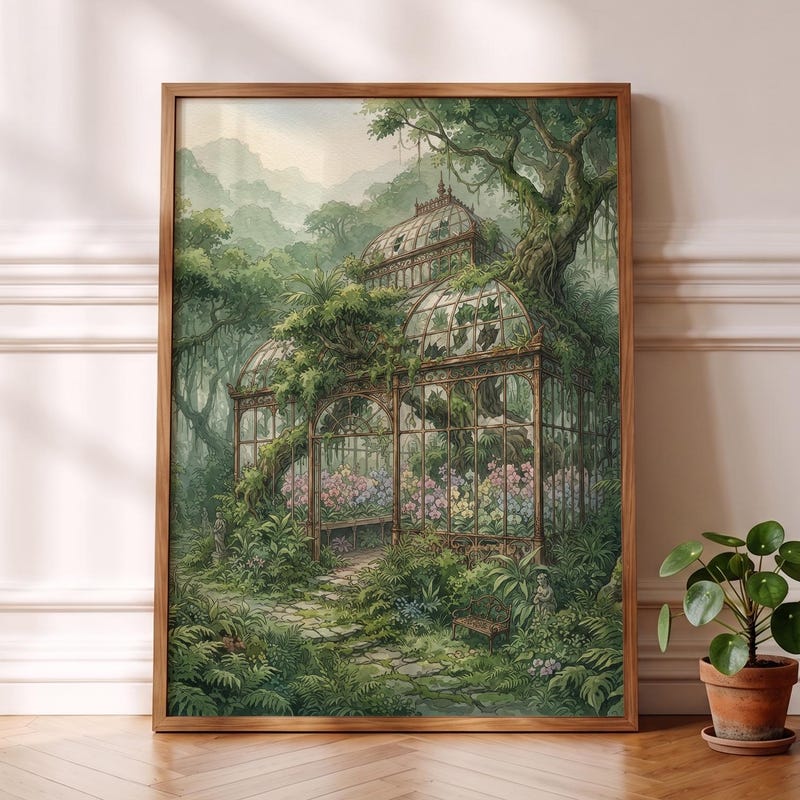 Ghibli-esque Greenhouse Art, Whimsical Anime Jungle Nature Print