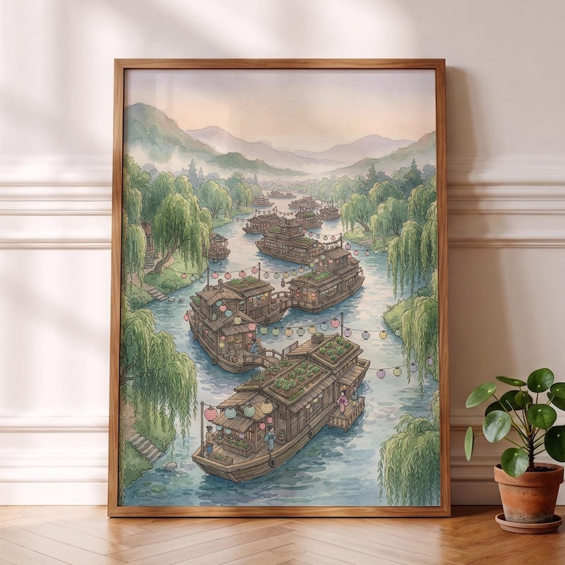 Ghibli-esque Village Poster, Cozy Anime Houseboat River Artwork