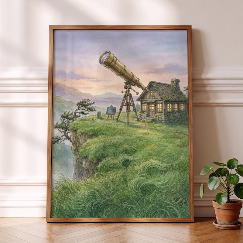Ghibli-esque Cabin Poster, Cozy Anime Watercolor Stargazing Art
