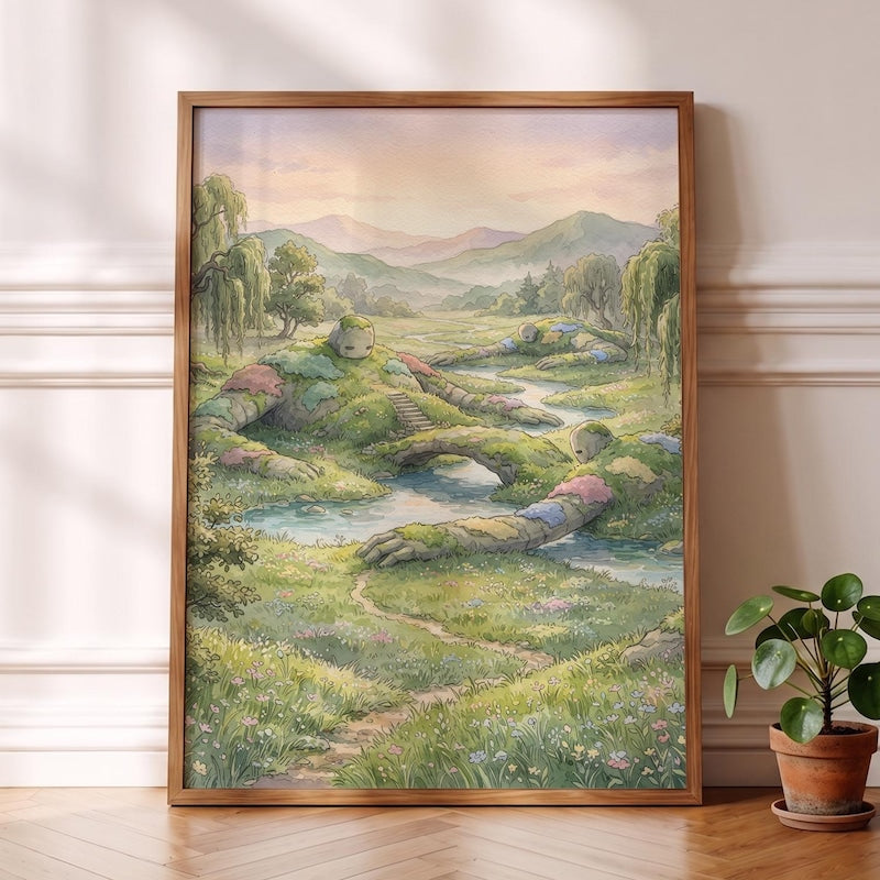 Ghibli-esque Golem Wall Art, Cozy Anime Fantasy Meadow Art Print