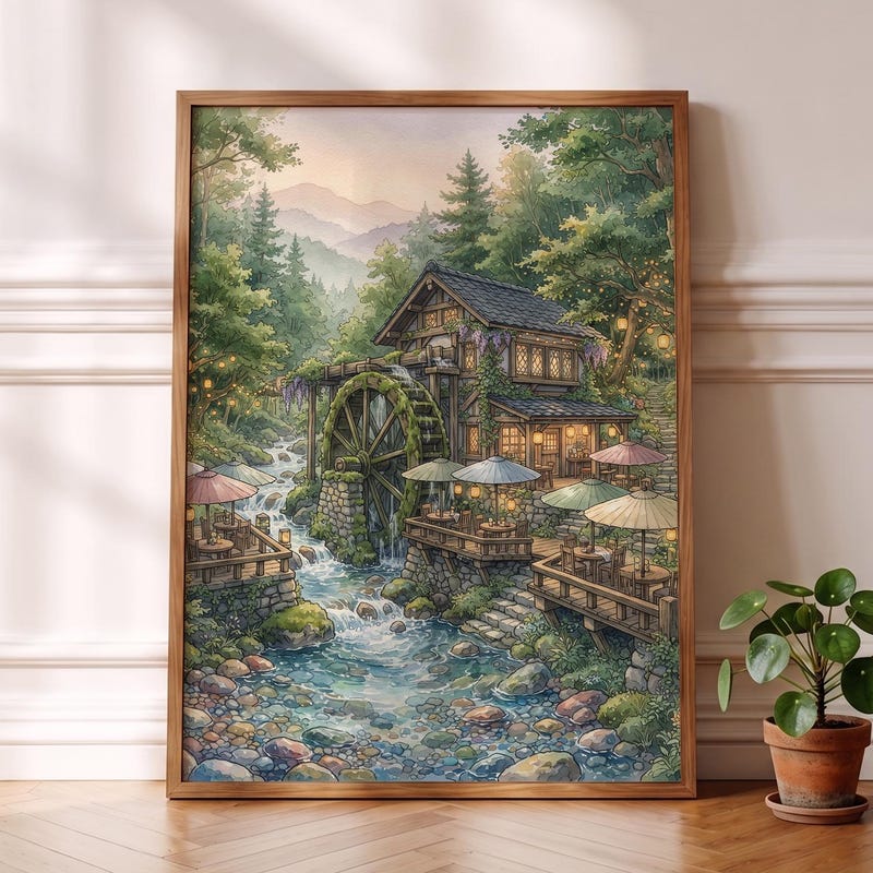Ghibli-esque Cafe Art Print, Cozy Anime Watermill Nature Decor