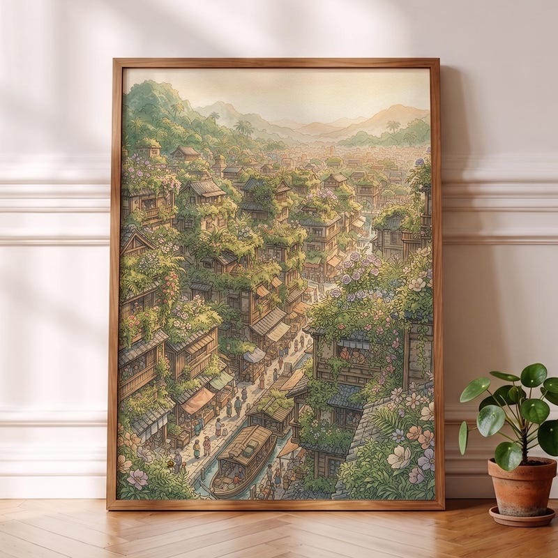 Ghibli-esque City Poster, Whimsical Anime Rooftop Garden Decor