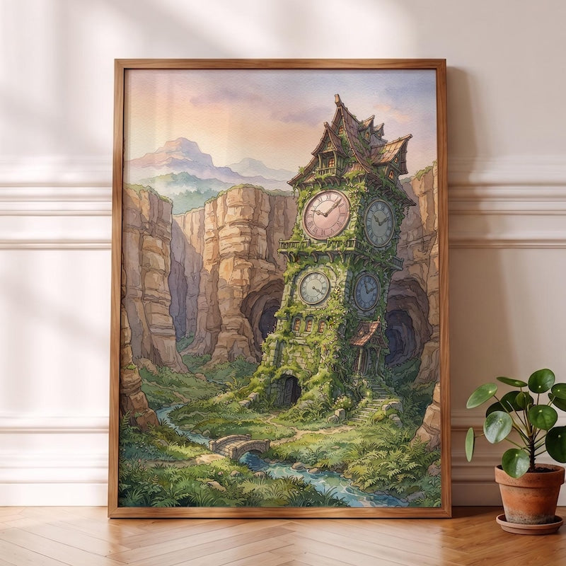 Ghibli-esque Clock Tower Art, Cozy Anime Magical Canyon Poster