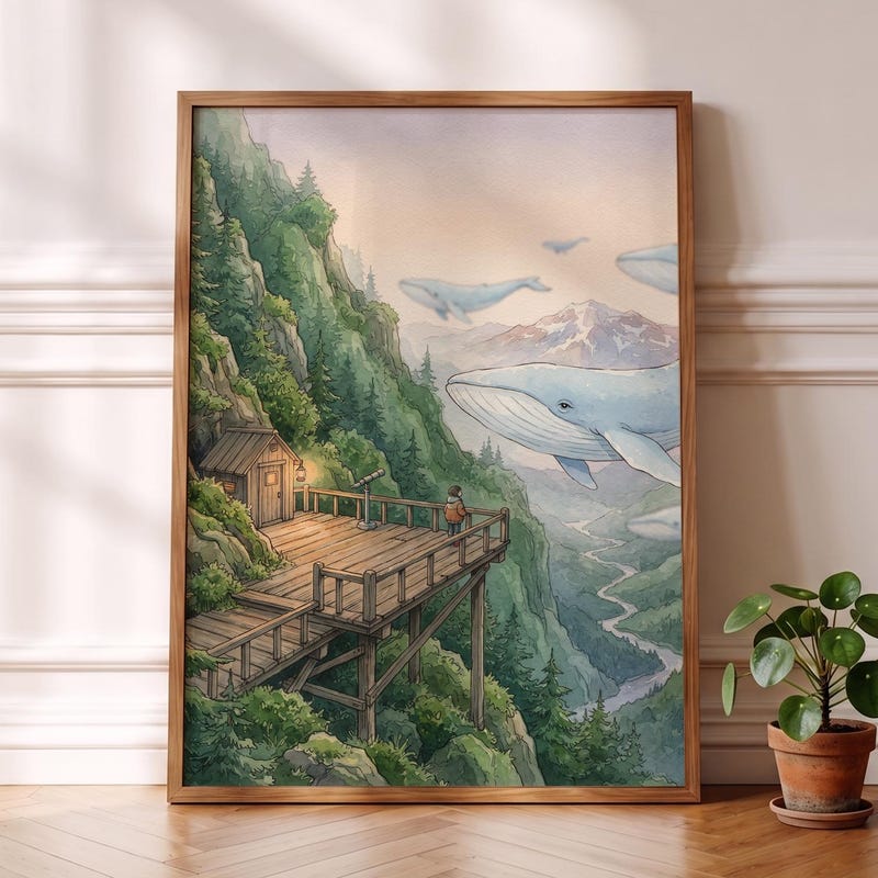 Ghibli-esque Sky Whale Print, Whimsical Anime Mountain Wall Art