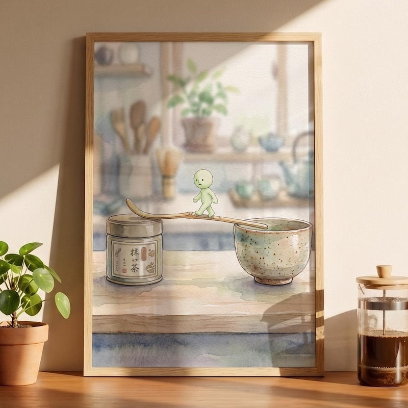 Smiski Inspired Matcha Art, Whimsical Tea Ceremony Poster