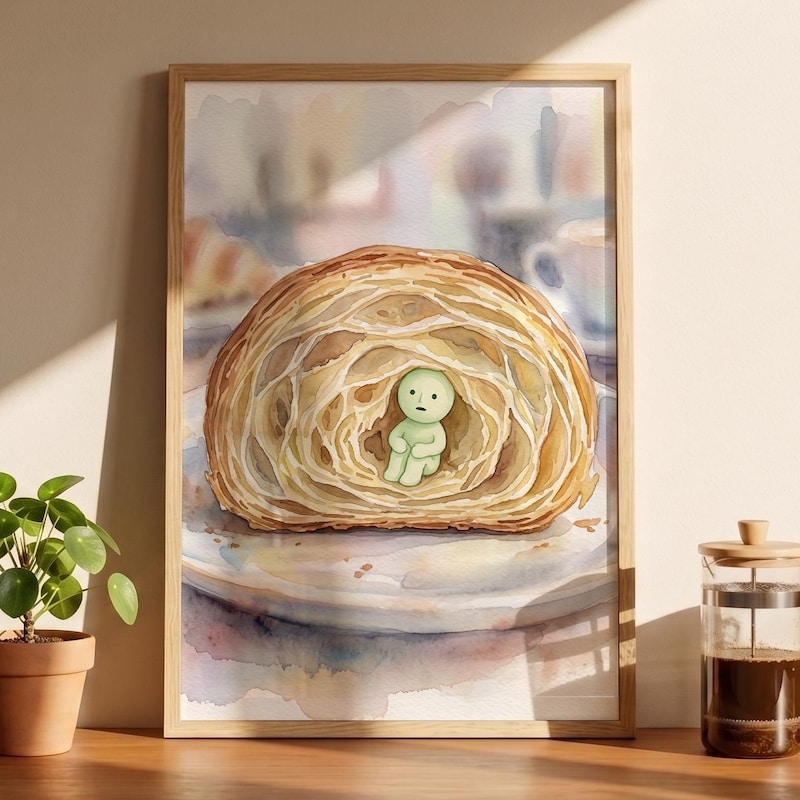 Smiski Inspired Bakery Art, Cute Croissant Watercolor Print