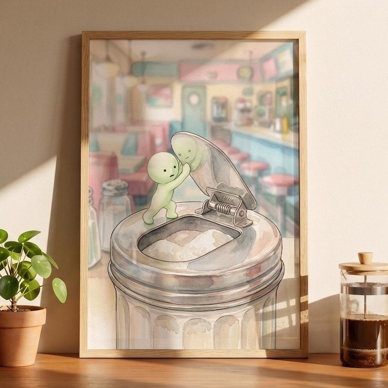 Smiski Inspired Diner Art, Whimsical Sugar Dispenser Print