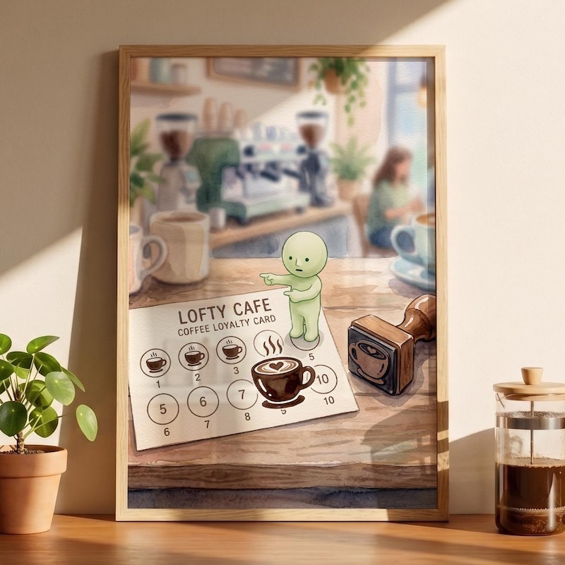 Smiski Inspired Coffee Art, Loyalty Card Watercolor Poster