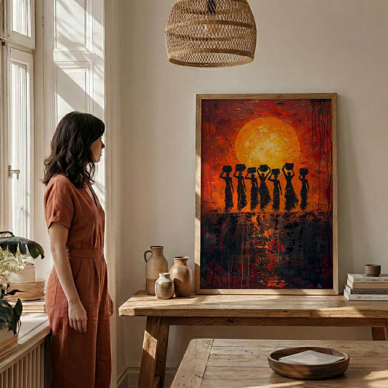 African Women Oil Painting Print, Tribal Sunset Poster, Red Orange Impasto Wall Art, Cultural Silhouette, Heavy Texture Look Art