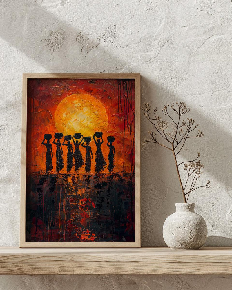 African Women Oil Painting Print, Tribal Sunset Poster, Red Orange Impasto Wall Art, Cultural Silhouette, Heavy Texture Look Art